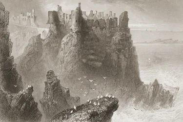 1860年代のジョージ・バーチューによる「アイルランドの風景と古代」からの北アイルランド、アントリム州ダンルース城