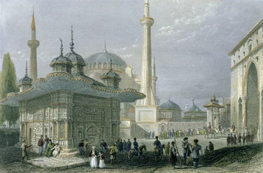 イスタンブールの聖ソフィアの噴水と広場、T。ハイアムの彫刻、1850年頃（アクアチント）