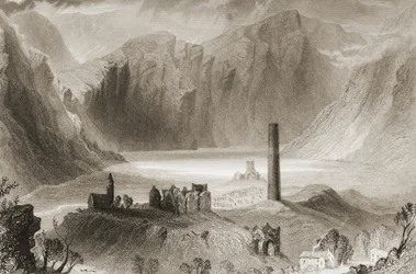 1860年代のジョージ・バーチュー著「アイルランドの風景と古代」からのアイルランド、ウィックロー州グレンダーロッホ