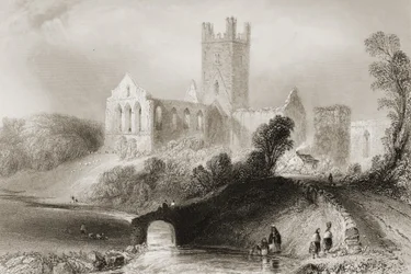 1860年代のジョージ・バーチューによる「アイルランドの風景と古代」からのアイルランド、キルケニー州のジャーポイント修道院