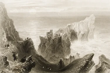 1860年代のジョージ・バーチューによる「アイルランドの風景と古代」からの北アイルランド、アントリム州バリーキャッスル近くのケンバーン城