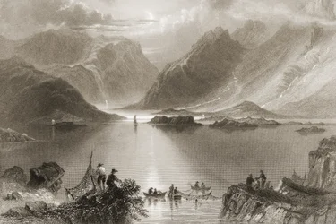ジョージ・バーチュー作「アイルランドの風景と古代」（1860年代）のキラリーハーバー、メイヨー州、アイルランド