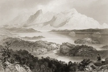 1860年代のジョージ・バーチューによる「アイルランドの風景と古代」からのゴールウェイ州コネマラ、ギャロミン湖