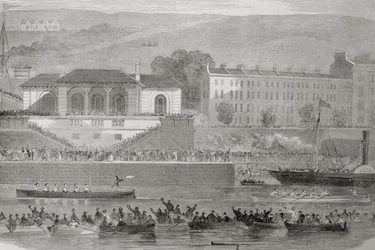 1860年代のジョージ・バーチューによる「アイルランドの風景と古代」からのアイルランド、コーク州、コークハーバーでの海軍ボートレース