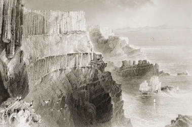 1860年代のジョージ・バーチューによる「アイルランドの風景と古代」からの北アイルランド、アントリム州のジャイアンツコーズウェイの近くにあるプレスキンクリフ