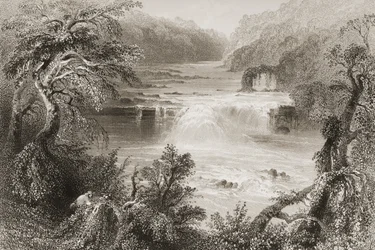 1860年代のジョージ・バーチューによる「アイルランドの風景と古代」からのキルデア州リークスリップでのサーモンリープ