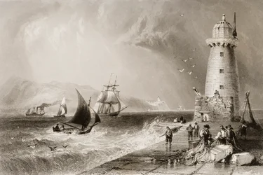 1860年代のジョージ・バーチューによる「アイルランドの風景と古代」からのダブリンの遠くにあるハウスヒルのあるサウスウォール灯台