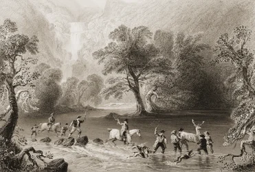 1860年代のジョージ・バーチューの「アイルランドの風景と古美術」から、アイルランドのケリー州デリークンニヒカスケード近くでクワガタを取る（彫刻）