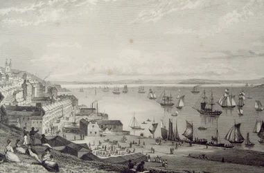ジョージ・バーチュー、1860年代の「アイルランドの風景と古代」から、1830年代にアイルランドのコーク州、ロステランに向かっているコーブ港の眺め