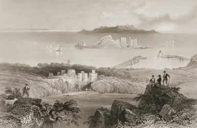 1860年代のジョージ・バーチューによる「アイルランドの風景と古代」からのアイルランド、ダブリン州のハウス城の眺め