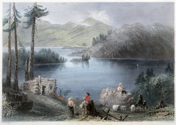 湖と国境の眺め - Bartlett W. H. 著「Canadian scenery illustrated」より