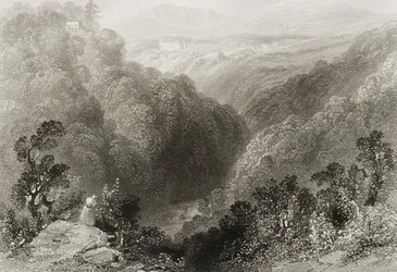 1860年代のジョージ・バーチューによる「アイルランドの風景と古代」からのウィックロー州ダーグルからのパワーズコートの眺め