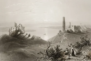 1860年代のジョージ・バーチューによる「アイルランドの風景と古代」からのアイルランド、オファリー州「クロンマクノワの7つの教会」の眺め