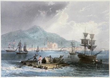 Vue de Montréal et de bateaux - William Henri Barlett, ed. "Canadian Scenary illustrated "よりジョージ・バーチュー
