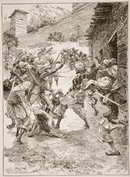 ハーレー中尉、40のシーク教徒と60のカシミール族の頭で、鉱山の口の上に家を急いだ、ジョージバ州のアーキバルドフォーブスによる「19世紀の戦い」からの図解