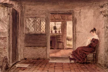 縫い物をする少女とコテージの室内、1828年頃（紙に水彩画）