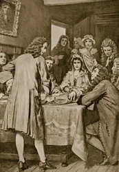 1694年、エディンバラのダリエン計画を説明するパターソン、「ハッチンソンのイギリス国民の物語」、1923年頃のイラスト