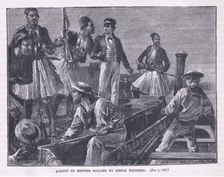 ギリシャの兵士達によるAD 1850のイギリスの船員の逮捕