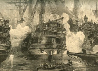 ナバリノの戦い：1827年の1890年、キャピタンベイとモハラムベイの艦船と交戦したHMSアジア。