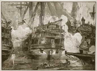 ナバリノの戦い：キャピタンベイとモハーレムベイの艦船が従事する「アジア」、「キャッセルのイラスト入りのイングランドの歴史」のイラスト（セピア写真）
