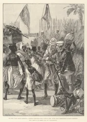 スタンリーがヤンブヤキャンプを出発し、バルテロット少佐に最終指示を与えるエミンパシャ救援遠征