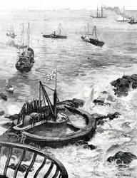 1879年の「イラストレイテッドロンドンニュース」のイラストによる、新しいエディストーン灯台の礎石を築くプリンスオブウェールズとエジンバラ公