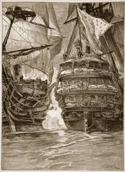 「キャッセルの図解されたイングランドの歴史」（セピア写真）からのイラスト、1782年の「ヴィル・ド・パリ」への攻撃