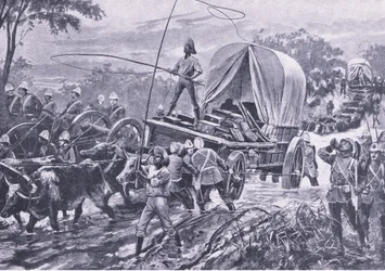 ズールー戦争：1879年4月、小川を渡るエストー救済部隊、陸と海でのイギリスの戦いのイラスト、1915
