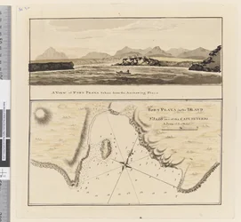 ページ3a カーボベルデ諸島のセント・ジャゴ島のポート・プラヤの図。タイトルは "Port Praya in the Island St Jago one of the Cape de Verds sic A scale of 2 to 1/2 a mile" / A View of Port Praya taken from the anchoring place.".