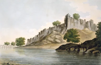 Pl。 33「Select Views in India」のパブにあるGoomty川のほとりにあるIlionpoorの砦の眺め。 1785-88（アクアチントで着色されたエッチング）