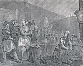 Harlot&39;s Progress、Plate Four：Scene in Bridewell、1732（etching and engraving）
