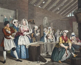 Harlot&39;s Progress、Plate lV：Scene in Bridewell、illustration from &39;Hogarth Restored：The Whole Works of the有名なWilliam Hogarth、re-engraved by Thomas Cook&39;、pub 1812（手塗りの彫刻