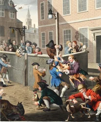 虐待の第一段階、「Hogarth Restored: The Whole Works of the Celebrity William Hogarth, re-engraved by Thomas Cook」のイラスト、パブ。 1812年（手彩色彫刻）