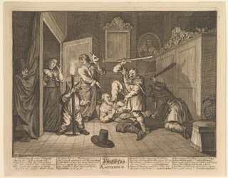 HudibrasはSamuel Butlers Hudibras、プレート9、1725-68のために12枚の大きなイラストを作成しました。