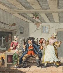 The Farmer&39;s Return、illustration from &39;Hogarth Restored：The Whole Works of the有名なWilliam Hogarth、re-engraved by Thomas Cook&39;、pub 1812（手塗りの彫刻）