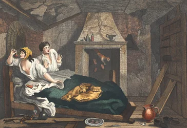 アイドル「海から戻ってきた弟子、そして売春婦のいる屋根裏部屋」、プレートVII、「産業とアイドル」、イラスト「ホガースの復元：有名なウィリアムホッグの全作品」