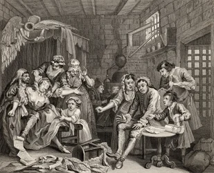 刑務所シーン、「ウィリアム・ホガースの作品」からの「レーキの進歩」からのプレートVII、1833年公開