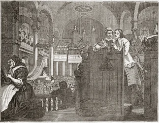 キリスト教徒の義務を果たす勤勉な「プレンティス」（「産業と怠惰」シリーズより）1747年10月 - イギリスのイラストレーター、ウィリアム・ホガース（1697-1764）による12枚の版画シリーズ「産業と怠惰」「ゼーレ・ア」の1枚。