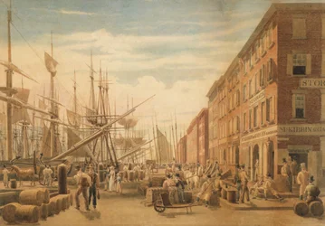 メイデン・レーンからのサウス・ストリートの眺め、ニューヨーク市、1827年頃。