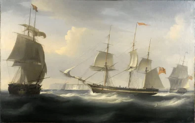 1788年、ロンドンと東インド諸島を結ぶ貿易のためにテムズ川で建造された船「デラフォード号」。キャンバスに油彩、1830年頃、ウィリアム・ジョン・ハギンズ（1781-1845）作。