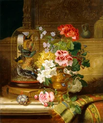 1867年の棚上の花と鳴き鳥の壺