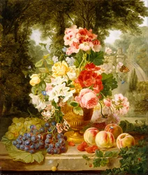 1867年の風景の中の棚にある夏の花と果物の花瓶