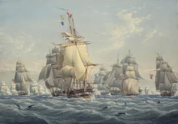 イルカと完全帆走中のイギリス艦隊
