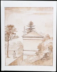 チズウィック、鹿の囲いのハの字の内側の堤防から撮影された鹿の家の側面の風景、ドーリック柱が垣間見える（紙にペン＆ウォッシュ
