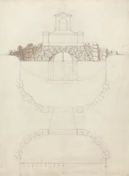 A cascata em Chiswick House, Middlesex: elevação e planta