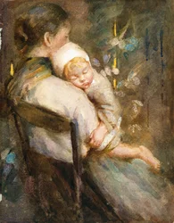 膝の上で眠っている子供を持つ若い母親 (紙に水彩)