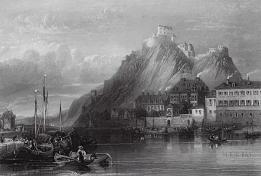 ライン川、エーレンブライトシュタイン要塞（エングレーヴィング）