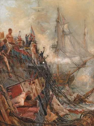 "不自由だが征服されていない": H.M.S. 1805年10月21日、トラファルガーの「ベルアイル」（キャンバスに油彩）