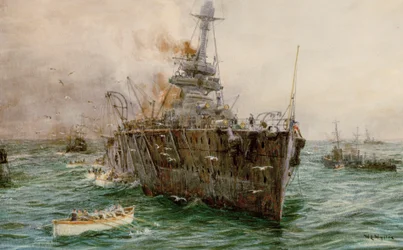 機雷に衝突してスウィリー湖沖に沈むHMS「オーデイシャス」、1914年10月27日、20世紀初頭（水彩画）