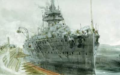 1911年から1913年に建造されたHMS「オーデイシャス」。水彩画